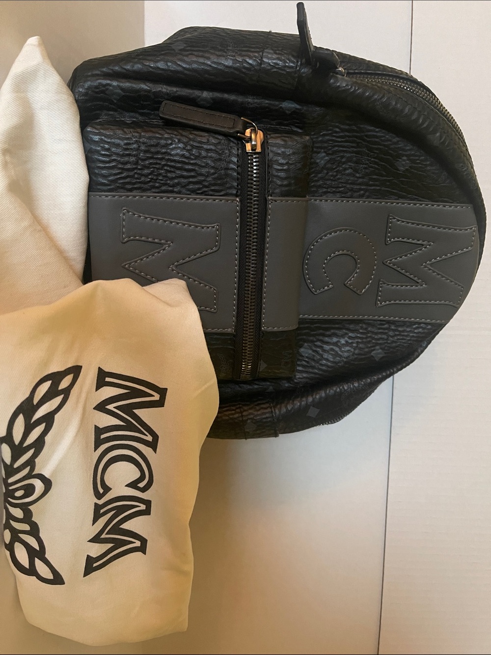 MCM Black Textured Leather Backpack with Gray Logo Panel